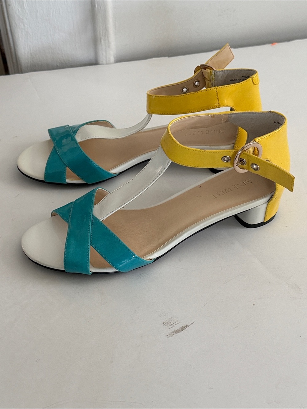 Nine West Teal & Yellow Ankle-Strap Low Heel Sandals - Picture 2 of 11